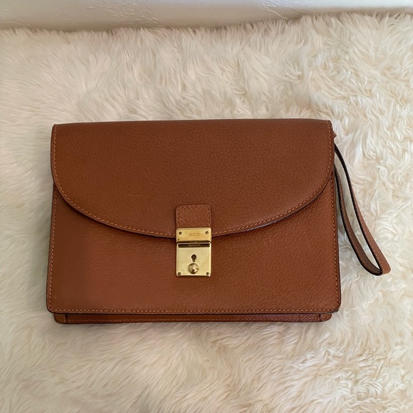 Gucci Vintage Cognac Leather Envelope Wristlet Evening Flap w/ Slide Lock - Picture 5 of 10